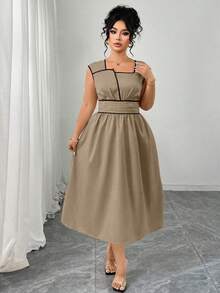 Elenzga Plus Size Women's Elegant Color Block Pleated Waist Dress, Back Cinched Design, Suitable For Daily Commute - Khaki - View 6