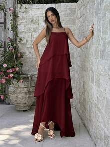 Aloruh Burgundy Spaghetti Strap Solid Color Elegant Vacation Dress Vacation Summer - Burgundy - View 8