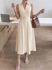 Easowa Women's Solid Color Sleeveless Summer Minimalist Frenchy Design Front Button Midi Dress Brunch White - Apricot - View 3