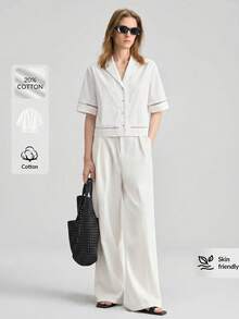 Ontre 2026春夏女士衬衫，舒适柔软梭织面料，翻领，短袖，纽扣设计，宽松版型，花卉拼接，镂空设计，现代都市时尚商务休闲OL上衣，春夏时尚，低调复古高端，都市通勤，高品质机场/邮轮穿搭，婚礼宾客装扮，优雅简约奢华感，百搭，季节性，节日装扮，休闲高端衬衫 - 白色 - 查看 2