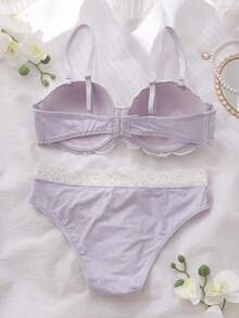 FairyFlirt Women Lace Patchwork Spaghetti Strap Bra And Panty Set, Casual Daily Underwear - Mauve Purple - View 2