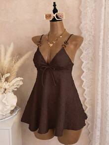 Bellisia Traje de baño de una pieza con diseño sin espalda, cruce delantero con lazo y cuentas, estilo dulce de de playa para vacaciones, para mujer - Amarillo - Ver 9