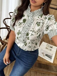 Weeklong 女款荷葉邊修飾寬鬆襯衫，法式休閒優雅上衣，適合日常度假穿著，春夏約會早午餐辦公室晚宴，綠色 - 彩色 - 查看 1