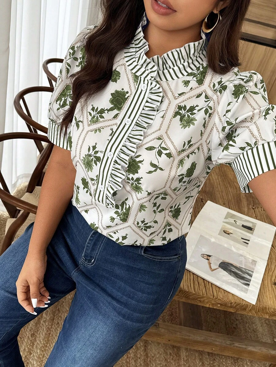 Weeklong 女款荷葉邊修飾寬鬆襯衫,法式休閒優雅上衣,適合日常度假穿著,春夏約會早午餐辦公室晚宴,綠色 - 彩色 - 查看 1