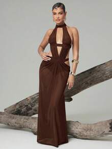 Hauture Vestido largo con espalda descubierta y malla calada - Marrón - Ver 5
