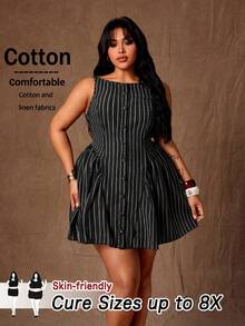 SHEIN CURVE+ Plus Size Women's Brown Striped Button Ruffle Hem Sleeveless Open Front Mini Dress, Suitable For Work, Elegant Sexy, Fashion, Formal Occasions, Spring, Summer, Outings, Vacations, Showcasing Charming Elegance, Holidays, Spring/Summer Dress - Black - View 1