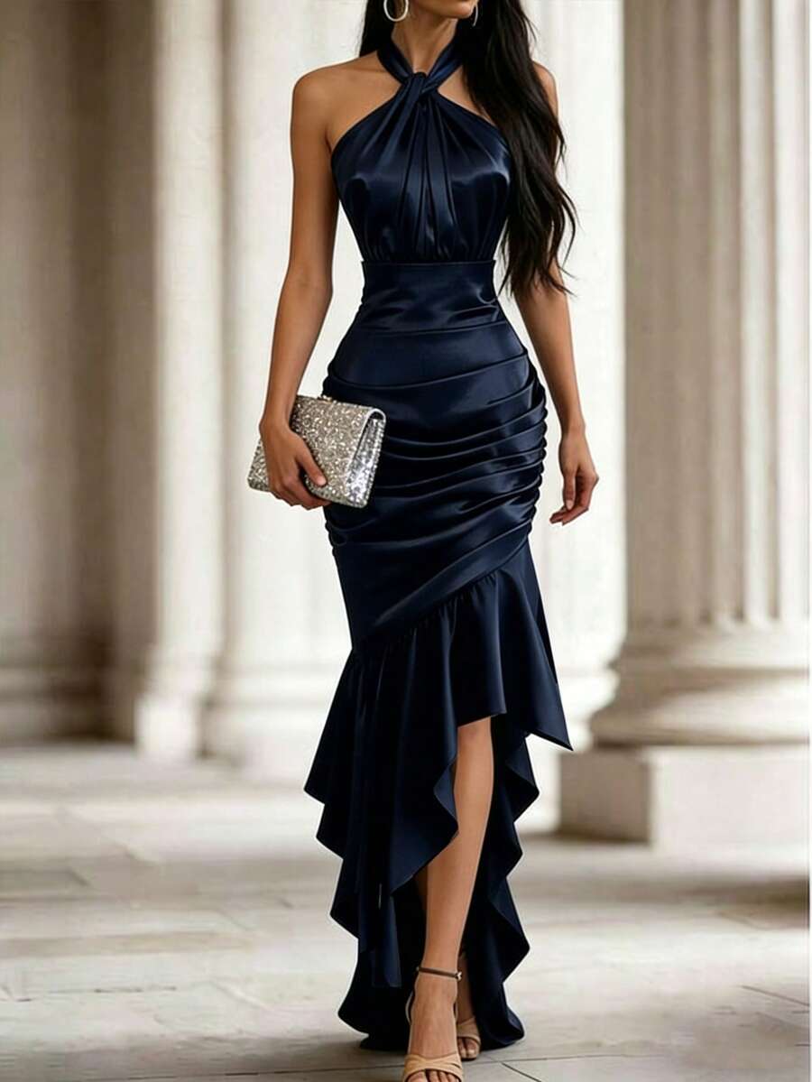 SHEIN Raffinéa Vestido elegante negro con cuello de halter y volantes en el bajo, adecuado para fiestas, cócteles y discotecas - azul real - Ver 1
