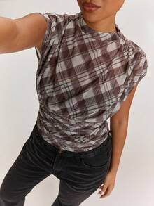 SHEIN BAE Women's Casual Holiday & Commute Daily Plaid Mesh Knit See-Through Blouse - Brown - View 7