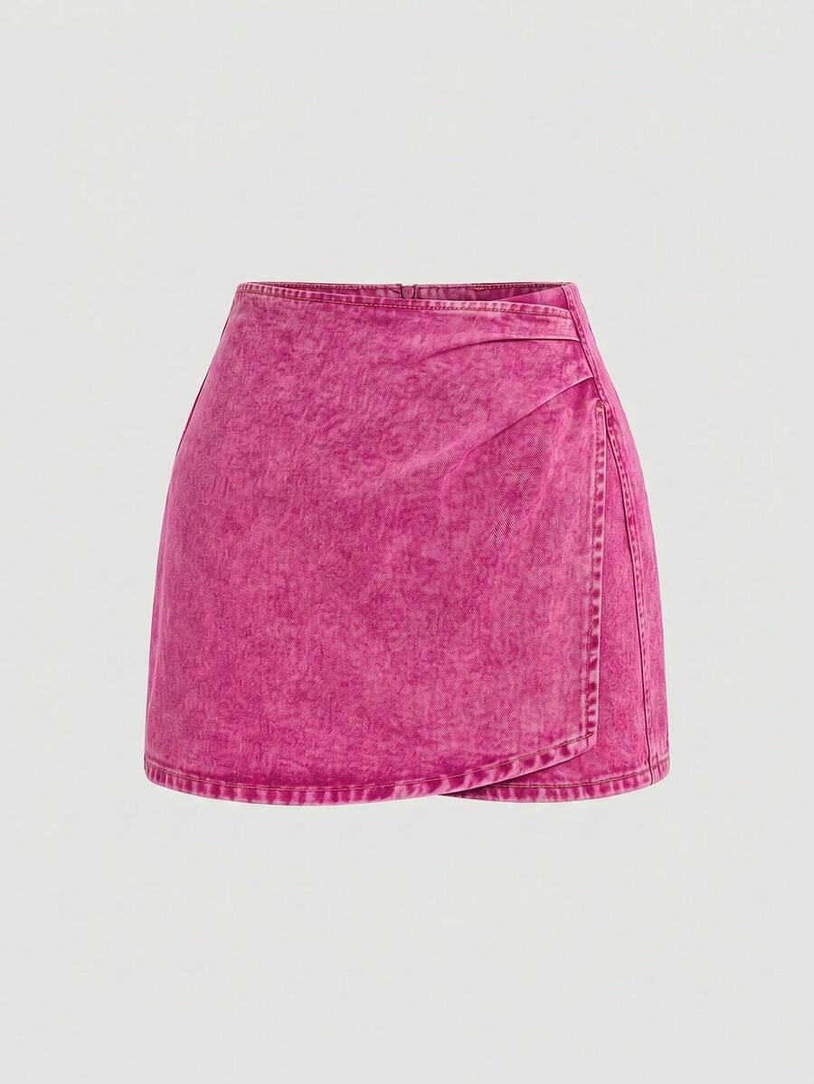 SHEIN MOD Women's Summer Casual Daily Commute Washed Pleated Denim Skirt - Pink - View 1