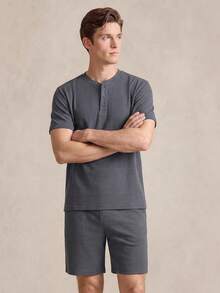 EverLounge 休閒春季亨利領男士居家服套裝 - 深灰色 - 查看 4