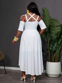 Reflora Plus Size Casual Solid Color Open Shoulder Asymmetric Hem Dress - Multicolor - View 3
