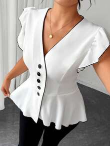 Elenzga Plus Size Elegant Commuting Outerwear Black Contrast Trim Cap Sleeve Shirt - White - View 4