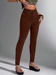 Jeanoix Jeans ajustados de mujer con unicolor, bolsillos y botones - Café integral - Ver 5