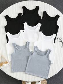 SHEIN 8pcs/Set Kids/Young Boys' Solid Color Minimalist Round Neck Undershirt - White - View 2