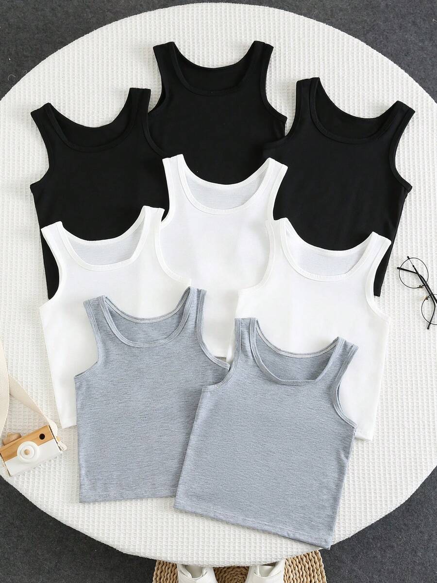 SHEIN 8pcs/Set Kids/Young Boys' Solid Color Minimalist Round Neck Undershirt