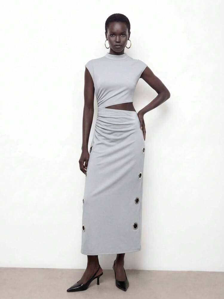SHEIN Maija Women's Light Grey Chic Summer Elegant Metal Decor Backless Dress,Night Out Outfits Festival,Party Wedding Guest,Graduation,Beach Holiday Dresses