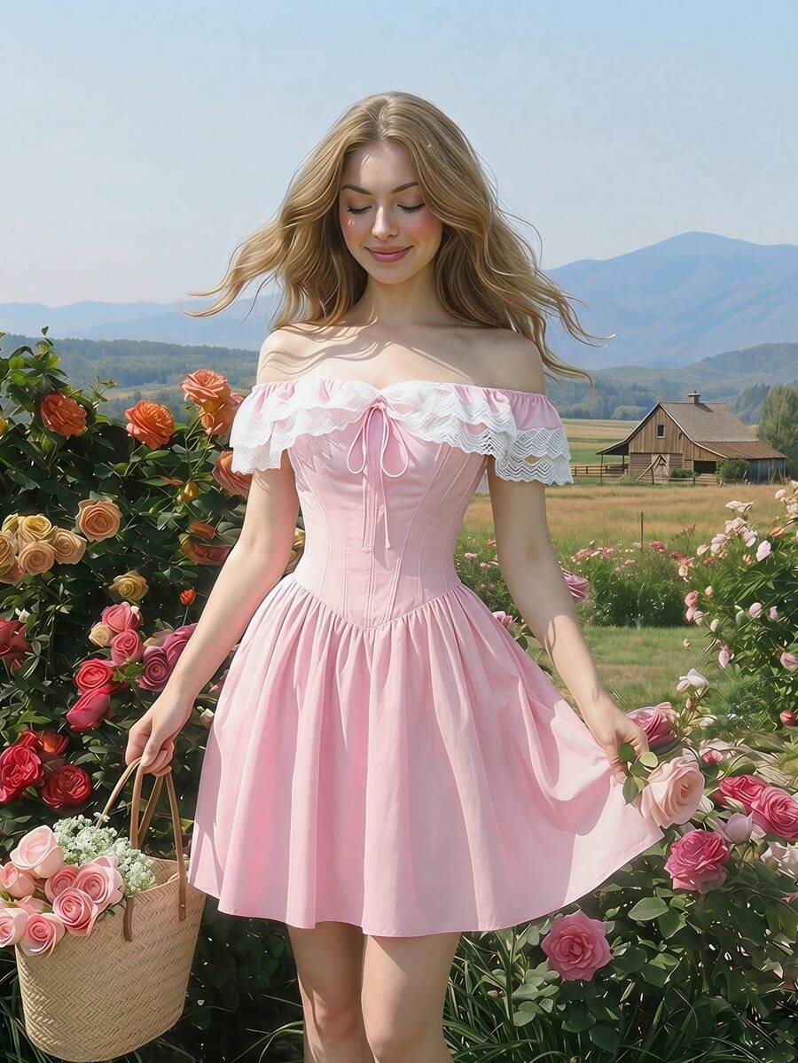 SHEIN MOD Women's Elegant Pink Summer Off-Shoulder Lace Corset Dress, Tie-Waist Pleated Midi Dress,Ethereal Retro Tea Party Special Events Dinner Dress - Pink - View 1