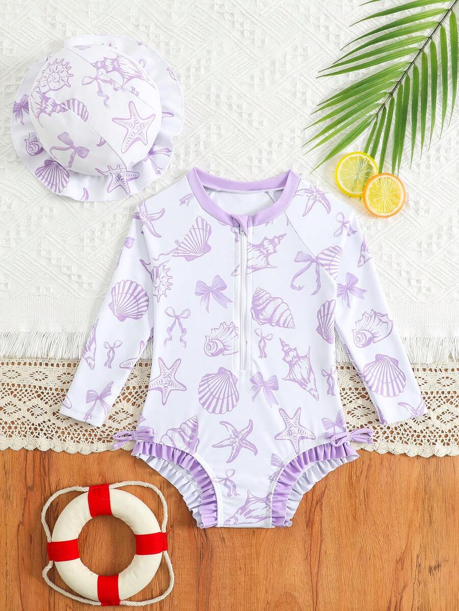 Baby Girls' Swimsuit, Blue Shell Starfish Bow Pattern, Soft & Comfortable Long Sleeve One-Piece Swimwear With Zipper Front And Ruffle Hem, Matching Sun Hat, Suitable For Baby Girls Swimming, Beach, Pool In Summer - Mauve Purple - View 1