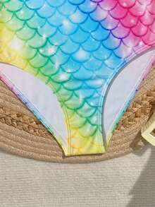 SHEIN Tween Girls Cute Pink One-Piece Swimsuit,Rainbow Ombre Starry Mermaid Scale Print,Modest Comfortable With Chest Pads,Summer Beach Pool Holiday,Surfing - Multicolor - View 3