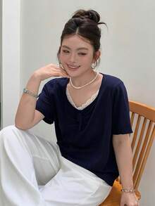 Dazy Plus Solid Color Polo Collar Fitted Short Sleeve Knit Top, Spring/Summer/Autumn - Navy Blue - View 7