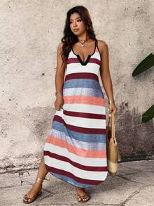 Breezaya Casual Comfortable Striped Fabric Special Shoulder Strap Design Plus Size Dress, Suitable For Spring, Summer, Autumn - Burgundy - View 5