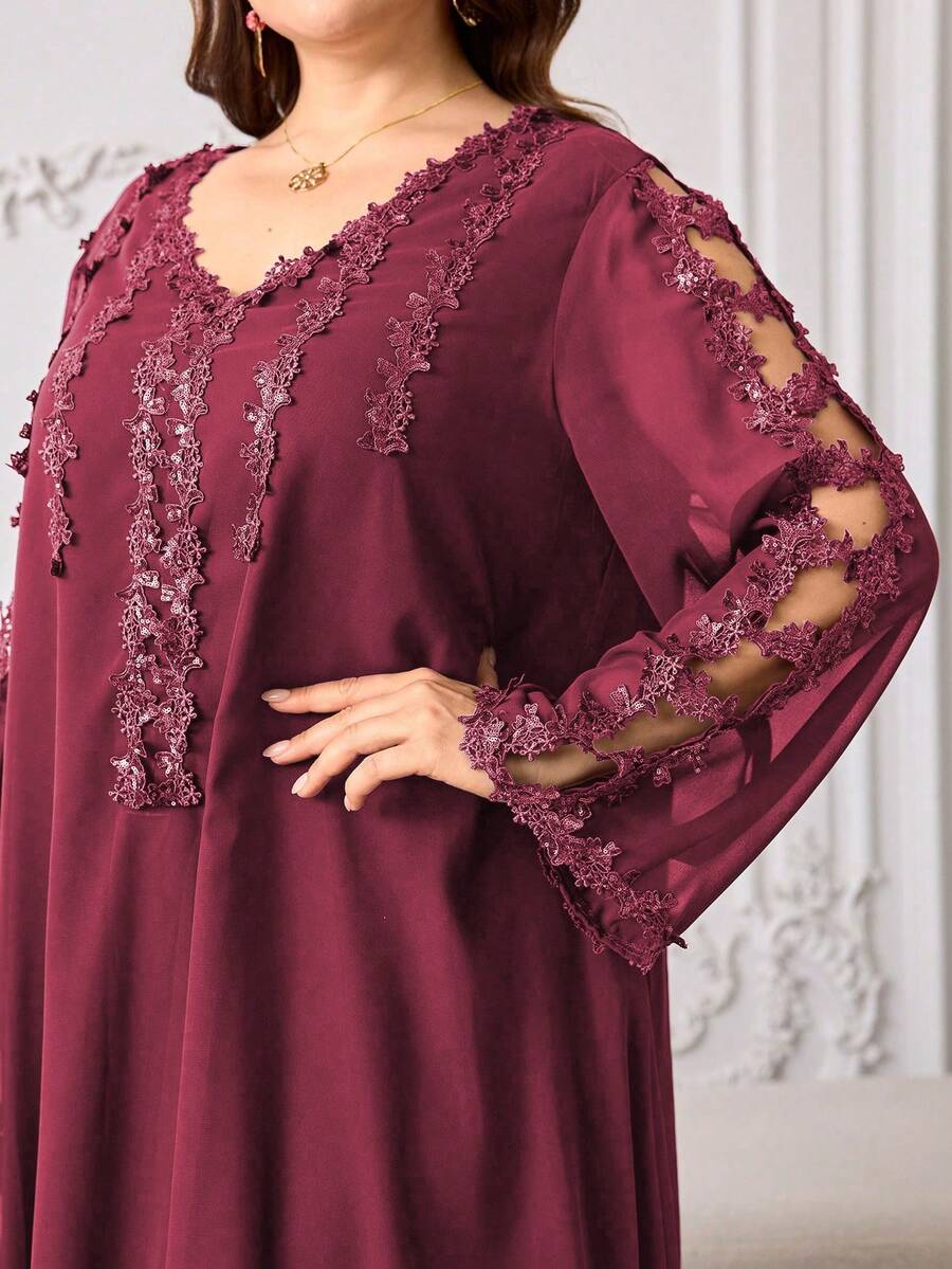 Al Najma Casual Solid Color Chiffon Beaded Lace Trim V-Neck Long Sleeve Loose Regular Spring/Summer Plus Size Women Arabic Maxi Dress - Burgundy - View 1