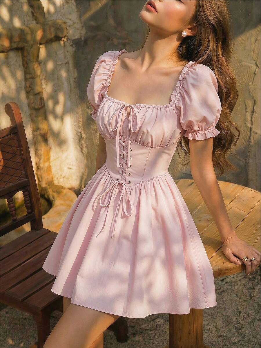 SHEIN MOD 粉色束腰方领花瓣袖迷你连衣裙 - 粉色 - 查看 1