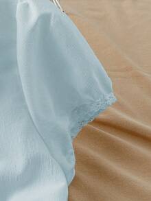 GlowEve Women's Peter Pan Collar Lace Trim Single-Breasted Puff Sleeve Short Sleeve Blouse - Baby Blue - View 6