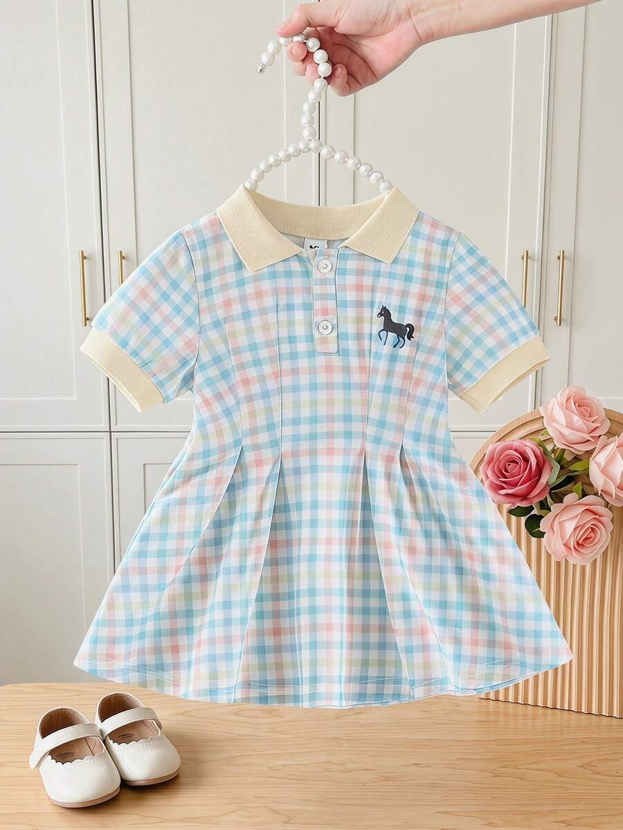 SHEIN 女童格子 Polo 连衣裙，刺绣小马图案，撞色领短袖婴儿连衣裙，夏季