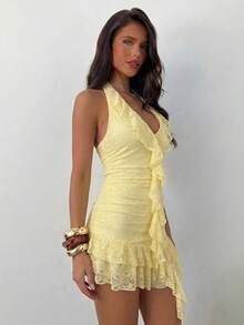 Aloruh Women's Summer Ruffled Lace Halter Mini Dress - Yellow - View 5