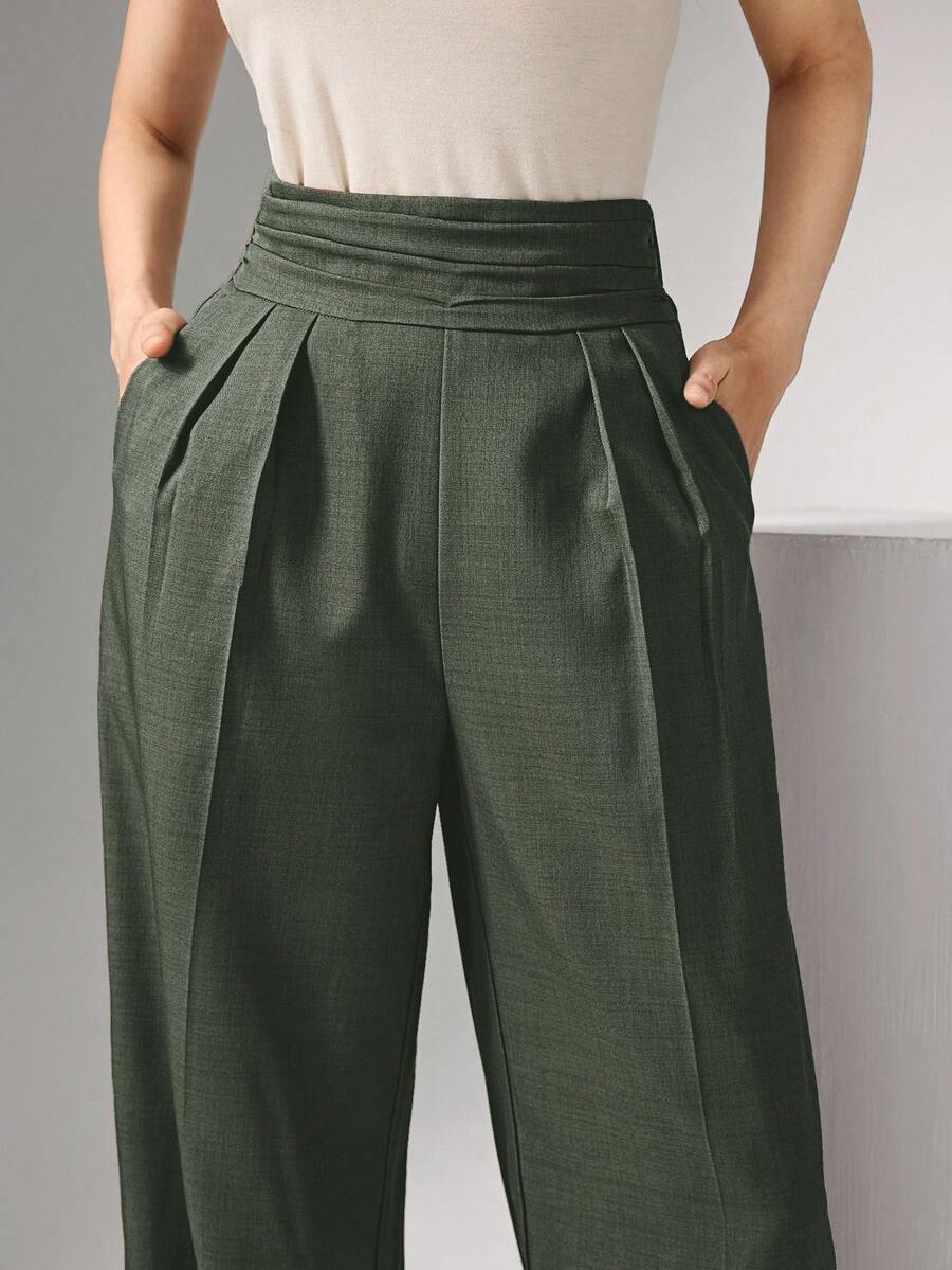 Heiryn Pleated High Waist Elegant Commuter Wide Leg Pants In Fall/Winter - Army Green - View 1