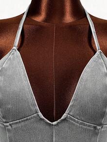 Mistrie Women's Deep V-Neck Fashionable Halter Denim Jumpsuit - Light Grey - View 3