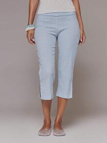 MUSERA Quần legging lửng co giãn họa tiết kẻ caro, thích hợp cho mùa xuân hè, kỳ nghỉ, phong cách boho, Ibiza, thanh lịch, lễ hội, bãi biển, dễ thương. - Màu xanh nhạt - Xem 2