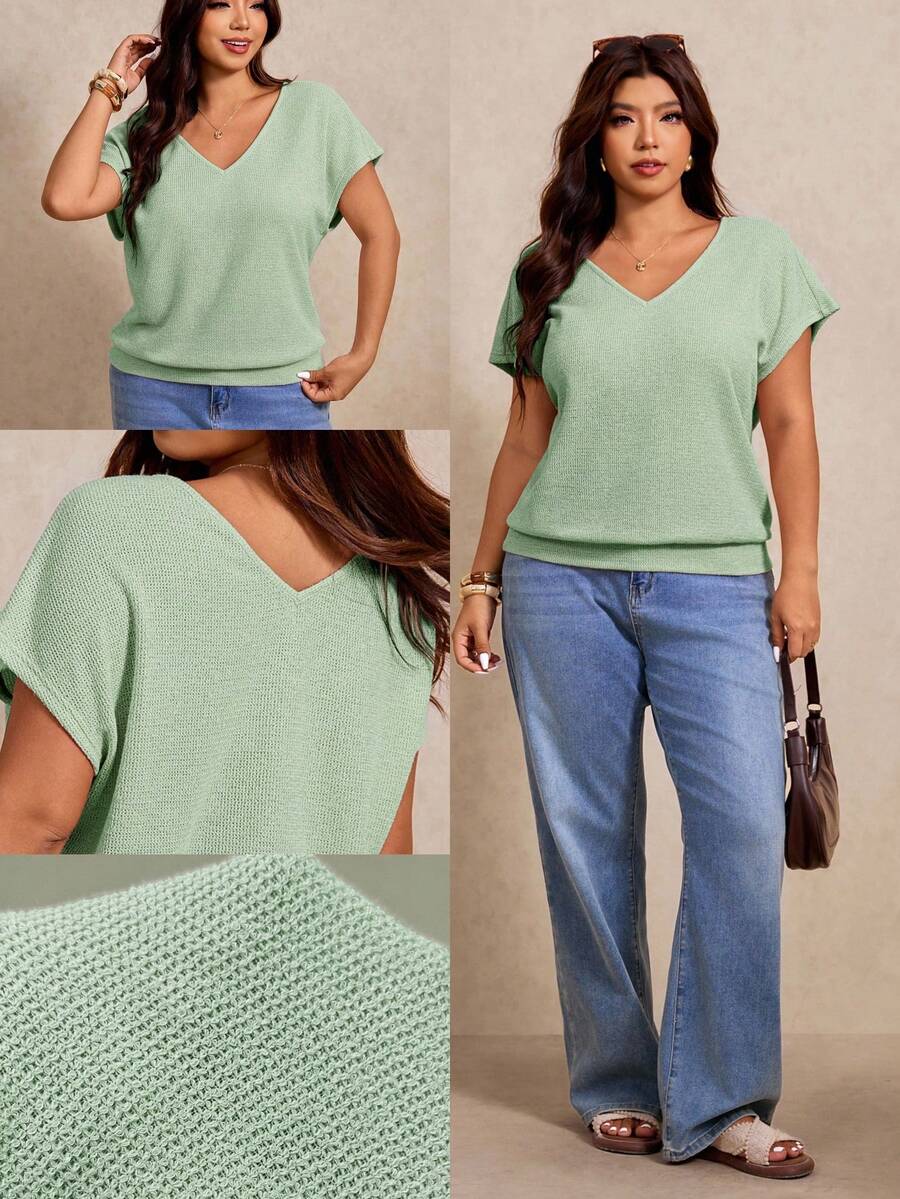 Elaquor Plus Size Women V-Neck Solid Color Casual Versatile Daily T-Shirt - Green - View 1