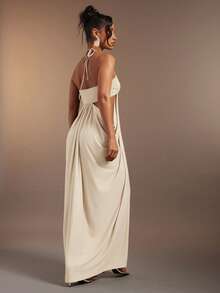 Hauture Olive Green Bandeau Cut Out Side Draped Gathered Side Halter Neck Maxi Dess - Apricot - View 2