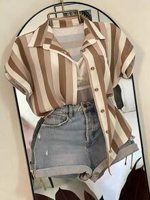 Franclia Striped Pocket Casual Vacation Shirt - Khaki - View 5