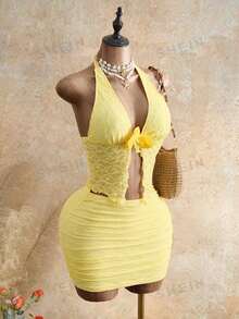 Allurite Conjunto de 2 piezas de top halter con encaje floral y minifalda para vacaciones en la playa - Amarillo - Ver 8