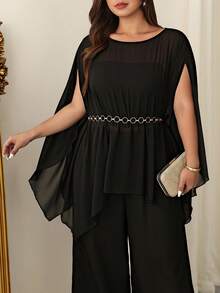 SHEIN CURVE+ Áo kiểu dự tiệc cỡ lớn thanh lịch màu trơn xuyên thấu cổ mở phía trên, áo đen cỡ lớn, áo xuyên thấu cỡ lớn, áo nữ mùa xuân, áo nữ cỡ lớn dáng rộng. - màu đen - Xem 7