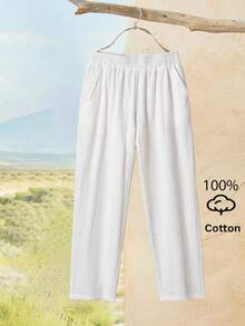 SHEIN PETITE CURVE 大码女式纹理度假口袋休闲裤，百搭 - 白色 - 查看 6