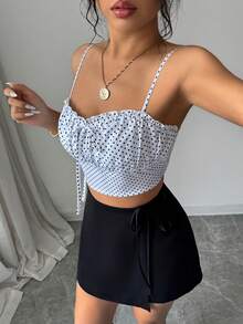 SHEIN Franclia Women's White Polka Dot Black Pattern Ruffle Camisole Top And Skirt 2 Pieces Set Beach Summer Cute - Black and White - View 4