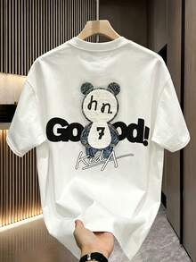 Manfinity Dauomo Men's Standard Size Letter & Cartoon Print Round Neck Short Sleeve T-Shirt - White - View 3