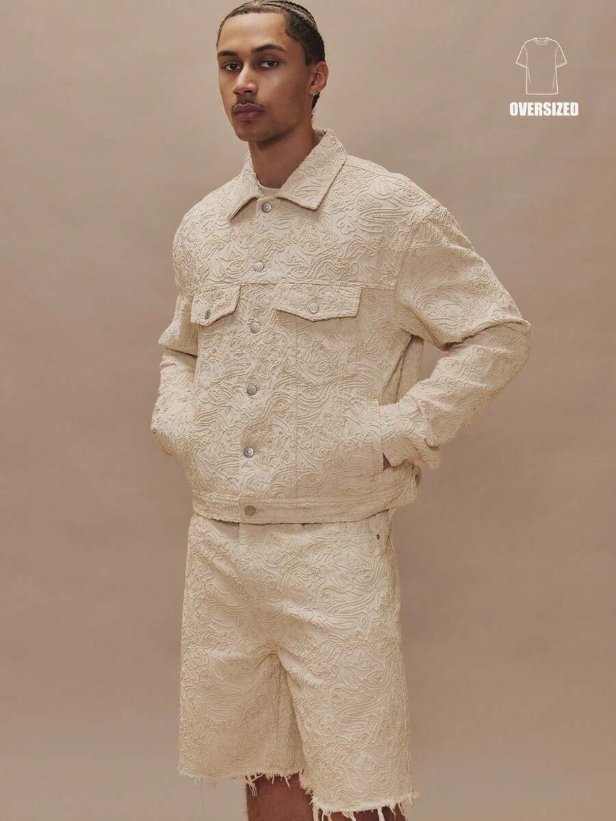 Musero Oversized Long Sleeve Dropped Shoulder Boxy 3D Applique Rope Style Denim Jacket Button Through Double Front Pockets Spring Summer Essentials Holiday - Beige - View 1