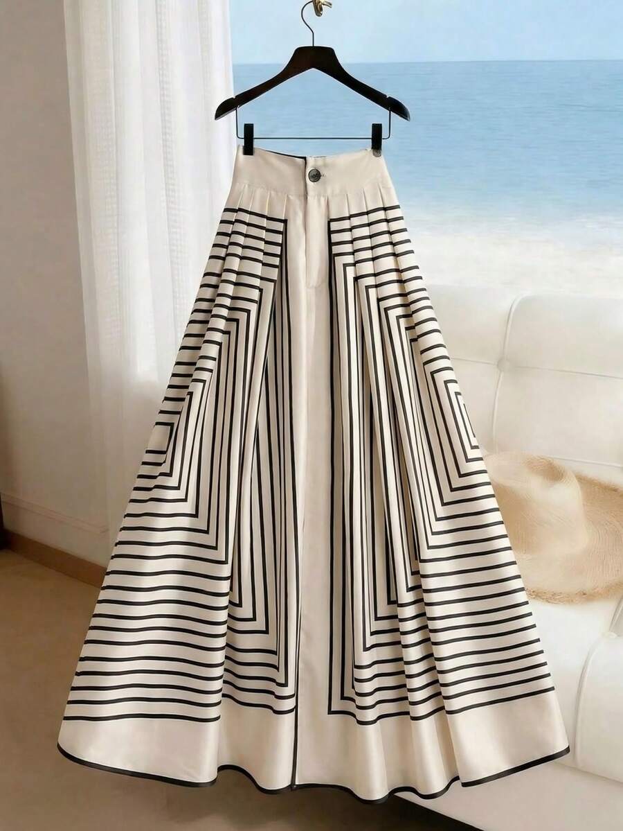 SHEIN Franclia Women's Geometric Print Pleated Casual Versatile Daily Wear Skirt - Multicolor - View 1