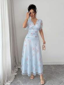Elenzga 女士浅粉色网纱印花牡丹花卉长裙，带衬里，适合20-35岁以上女性出席正式晚宴、情人节约会（随机花卉图案） - 藍色 - 查看 4