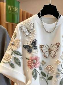 EMERY ROSE Women's Round Neck Short Sleeve Fitted Floral Print T-Shirt, Suitable For Vacation, Casual, Romantic, Commute, Beach, Daily Wear - White - View 3