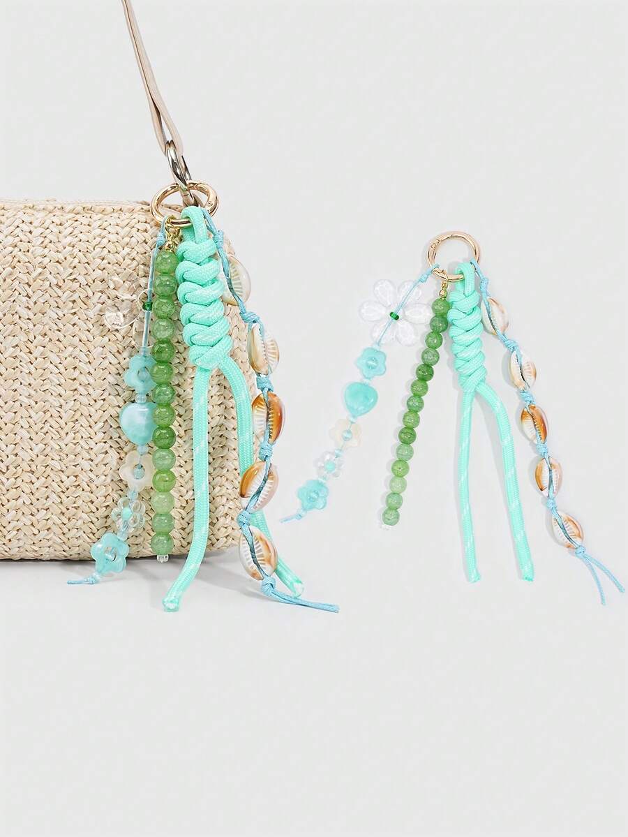 ROMWE Fairycore 1 Piece Spring Summer Dopamine Style Colorful Beaded Bag Keychain Pendant, Woven Rope Bag Charm, DIY Hanging Ornament - teal - View 1