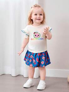 CoComelon X SHEIN Baby Girl Summer Casual Cartoon Pattern Ruffle T-Shirt And Watermelon Print Skirt Set - Apricot - View 3