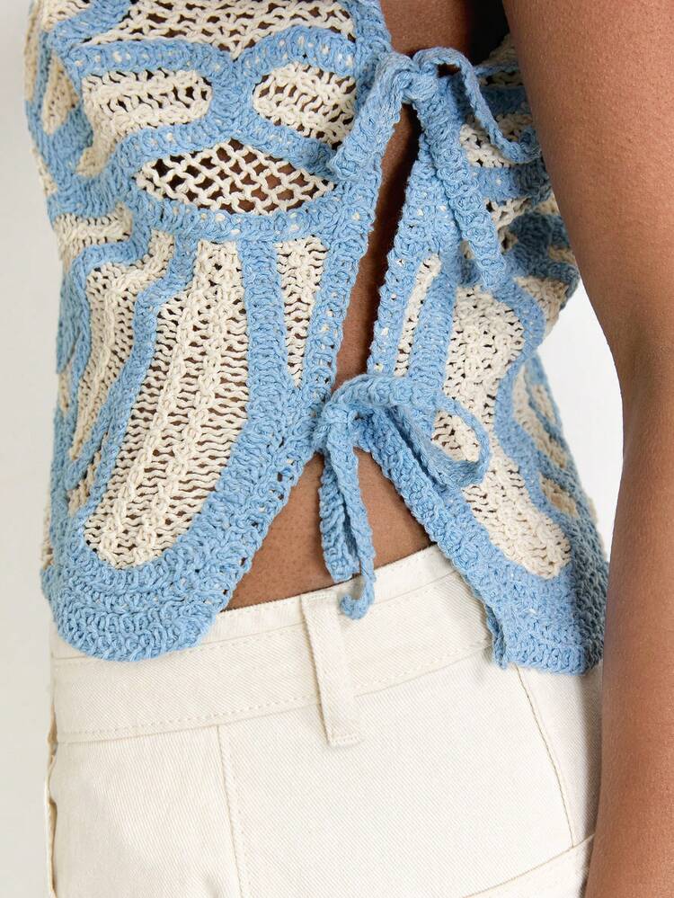 SHEIN Maija Damen Urlaubs-Casual Kontrast-Farbiges Cut-Out-Strick-Top mit Schnürung