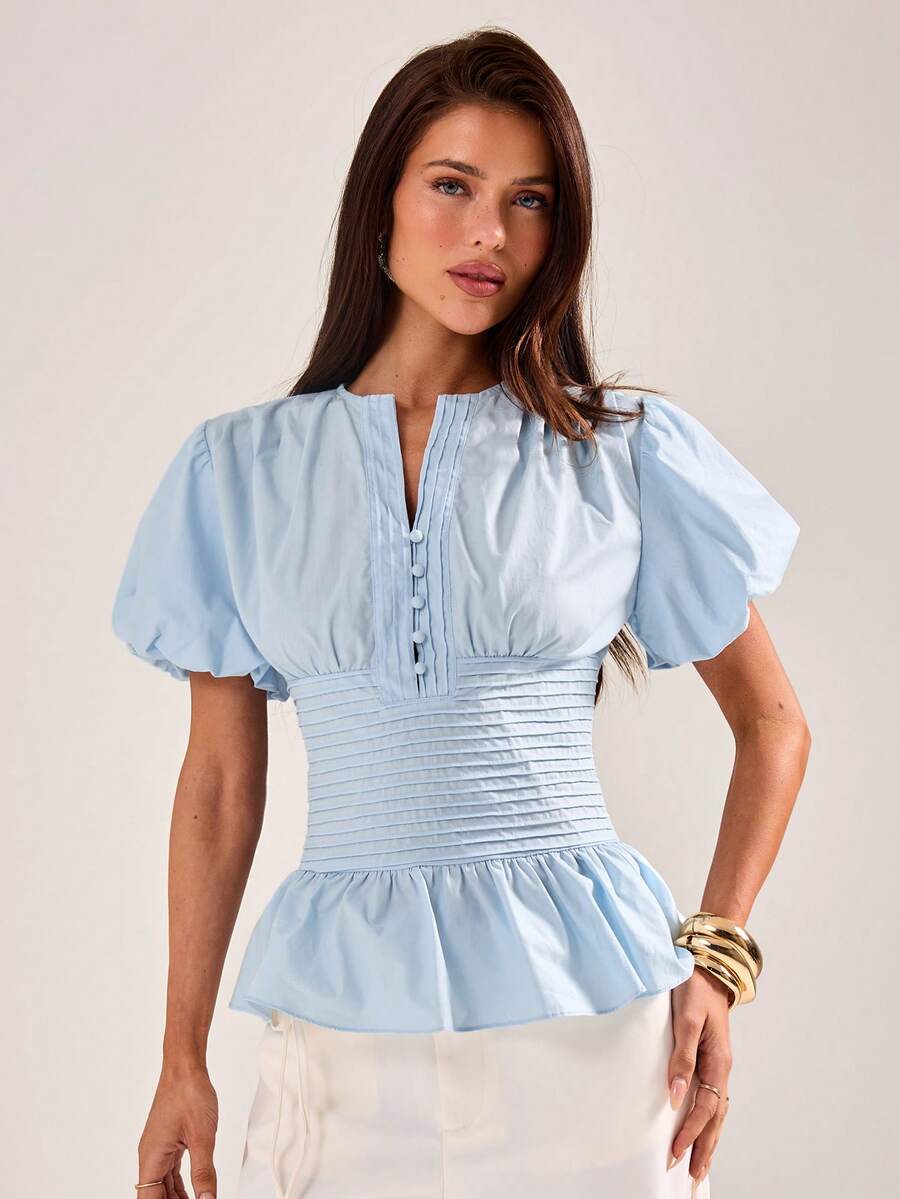 SHEIN BAE Women's Elegant Solid Blue Ruffle Puff Sleeve Fitted Blouse, Blue Ladies Top - Blue - View 1