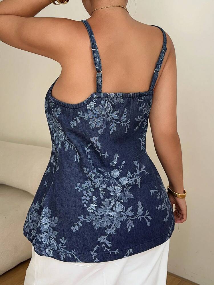 Dazy Plus Floral Print Pattern Design Vacation Style Spaghetti Strap Straight Denim Camisole Top, Plus Size Women Spring/Summer